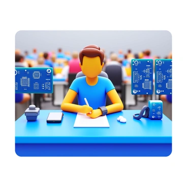 A tech enthusiast sitting at a registration desk for an expo. The person has a focused expression while filling out a registration form. Surrounding the desk are various gadgets, including a sleek smartphone, a smartwatch, and a pair of wireless earbuds. There are several circuit boards displayed prominently nearby, showcasing intricate designs and small components. The environment is bustling with other attendees in the background, contributing to the energetic atmosphere of the expo.