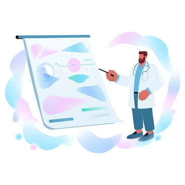 A cartoon-style eye doctor is standing next to a large, colorful chart that illustrates astigmatism. The eye doctor is wearing a white coat and holding a pointer to highlight the chart. The chart features a playful design with various shapes and lines demonstrating how light is refracted differently in astigmatism. The background is filled with vibrant pastel colors, creating a cheerful atmosphere. Various eye-related illustrations surround the doctor, adding to the engaging educational scene.