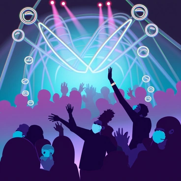 A vibrant concert scene filled with an enthusiastic crowd. People of diverse backgrounds are dancing, clapping, and enjoying the music. The stage is illuminated with bright, colorful lights casting dynamic shadows. Sound waves are visibly rippling through the audience in colorful arcs, creating a visual representation of the music. The atmosphere is electric, with hands raised and smiles on faces, capturing the joy of the live performance.