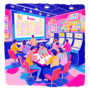 A large screen displays "Keno" numbers being drawn in a lively gaming lounge. The lounge is filled with various gaming machines and tables. Bright lights illuminate the area, highlighting groups of excited players. Some players are seated at a keno table, intently watching the numbers as they appear on the screen. The decor features colorful banners and posters related to gaming, creating an engaging atmosphere. A bartender can be seen in the background, mixing drinks for patrons. The sounds of cheerful chatter and game noises fill the air.
