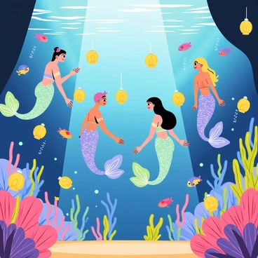 A grand underwater ball takes place in a vibrant coral reef. Mermaids with shimmering tails in various colors, such as turquoise and deep purple, gracefully swim around the venue. Each mermaid is adorned in elegant sea-themed attire, featuring flowing fabrics that mimic seaweed and bioluminescent accents. The scene is filled with floating lanterns made of glowing seashells, illuminating the festivities. Colorful fish and other sea creatures swim alongside the mermaids, adding to the lively atmosphere of the underwater celebration.