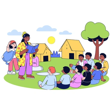 A traveling storyteller stands in front of a captivated group of villagers. The storyteller has a flowing cloak adorned with intricate patterns and holds a large, open book in their hands. The villagers, a mix of men, women, and children, sit on the grassy ground with eager expressions, listening intently. Surrounding them are simple wooden huts, and a few trees casting light shade. A gentle breeze rustles the leaves as the sun sets in the background, casting a warm glow over the scene.