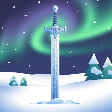 A long, ornate sword is encased in clear ice, standing upright in the foreground. The ice has intricate patterns and reflects the soft colors around it. The winter landscape features a blanket of white snow covering the ground, with scattered snow-covered trees in the background. Above, the northern lights create a stunning display of green, purple, and blue hues, illuminating the scene with a magical glow. The sky is dark but filled with the vibrant colors of the aurora, casting a gentle light on the sword and the surrounding snow.
