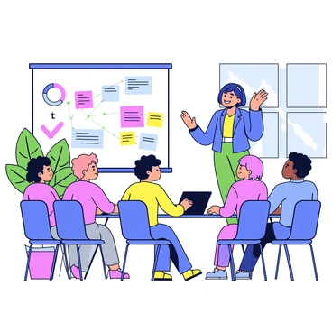 A female team leader stands in front of a large whiteboard filled with colorful diagrams and bullet points. She is gesturing towards the board with an enthusiastic expression. Around her are several team members seated at a rectangular table, paying close attention. The office is bright and modern, with large windows letting in natural light. There are potted plants in the background, adding a touch of greenery. The team members have a mix of notepads and laptops in front of them.