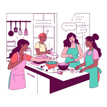 A group of friends learning to cook in a fun cooking class, captured in a comic strip.