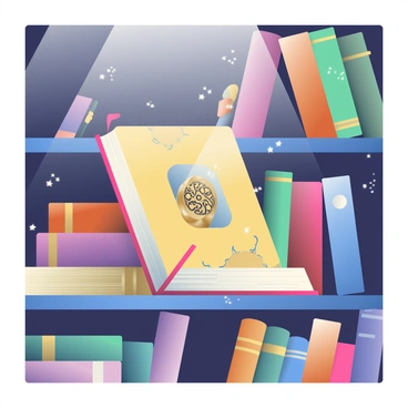 A dusty wooden shelf filled with various old books is the focus of the image. Among the books, a large hardcover book stands out, its spine cracked and faded. The book is partially opened, revealing a hollowed-out section that contains a shiny brass key. The key has intricate designs etched into its surface, catching the soft light that filters through the room. Dust motes float in the air, and the surrounding books have worn, colorful covers, some stacked haphazardly, while others lean against each other. In the background, a dimly lit corner adds to the atmosphere of mystery.