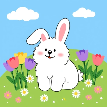 A fluffy bunny sitting happily amidst a flowery meadow with blue skies above