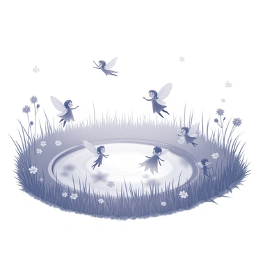 A wide meadow with tall grasses and wildflowers swaying gently. In the center of the meadow, there is a shimmering pond reflecting the surrounding scenery. Several small, delicate fairies, each with intricately detailed wings, are seen dancing gracefully around the pond. The fairies have playful expressions, and their movements create a sense of joy and lightness in the scene. The sun is shining down, casting soft shadows across the ground, enhancing the lively atmosphere.