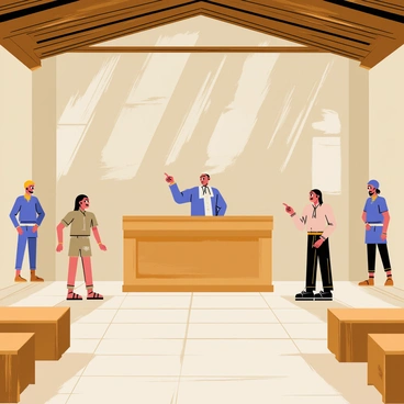 An ancient courtroom with tall stone walls and wooden benches. In the center, a judge with a long robe and a serious expression is standing behind a large wooden desk, pointing a finger at a nervous defendant. The defendant, dressed in simple tattered clothing, is standing with a worried look on their face. Wooden beams support the high ceiling, and sunlight filters through small windows, casting shadows on the stone floor. There are two guards standing nearby, observing the situation closely.