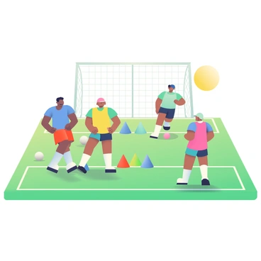 A group of four players is practicing on a green field under a bright, sunny sky. Each player is wearing a different colored jersey: one in red, one in blue, one in yellow, and one in green. They are engaged in various drills, with two players practicing passing the ball to each other while the other two are running sprints in the background. The field is marked with white lines, and a set of colorful cones is arranged in a zigzag pattern. A large goalpost stands at the far end of the field. The sun casts distinct shadows of the players on the grass.