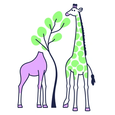 A tall giraffe is stretching its neck towards the leaves of a tree. The giraffe's body is elongated, showcasing its long legs and distinctive spots. The tree stands beside the giraffe, with a thick trunk and a canopy of leaves that are just out of reach. The giraffe’s head is raised, and its eyes are looking up at the leaves. The overall composition features clean outlines and smooth curves, emphasizing the elegant form of both the giraffe and the tree.