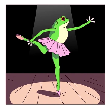 A green frog with long limbs is performing ballet on a wooden stage, gracefully poised on one leg. The frog is wearing a small pink tutu around its waist, and its arms are elegantly extended. A bright spotlight is focused on the frog, illuminating its glossy skin and creating deep shadows on the stage. The background is dark, enhancing the visibility of the frog and the tutu. The stage floor reflects a hint of the spotlight, adding depth to the scene.
