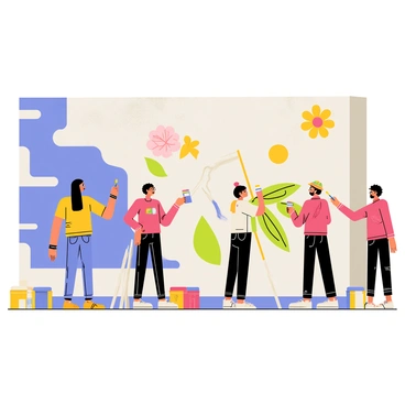 A group of four artists, two women and two men, are painting a vibrant mural on a large, dull urban wall. One artist, a woman with long dark hair, is applying bright blue paint to the wall, while another artist, a man with a beard, is adding shades of yellow and orange. The third artist, a woman wearing a colorful hat, is working on green leaves, and the fourth artist, a man with glasses, is sketching intricate designs in red. The wall, previously gray and uninteresting, is transformed into a lively scene filled with flowers, abstract shapes, and playful characters. Paint cans and brushes are scattered around them, and a crowd of onlookers is gathered nearby, admiring the progress of the mural.