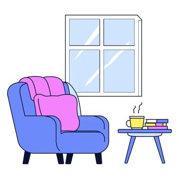 A warm reading nook by a window, with a cup of tea and a stack of books under a soft blanket.