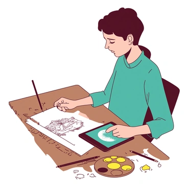 An artist is seated at a wooden desk, surrounded by art supplies. The artist has a focused expression while switching from a traditional sketchbook made of white paper to a digital tablet with a vibrant teal screen. On the desk, there are various colored pencils scattered, some with shavings around them, alongside a palette of paints in yellow. The traditional sketchbook displays an intricate pencil drawing of a landscape, while the tablet screen shows a colorful digital rendition of the same scene. The artist's hand is gracefully transitioning between the two mediums, showcasing a seamless blend of traditional and digital artistry.