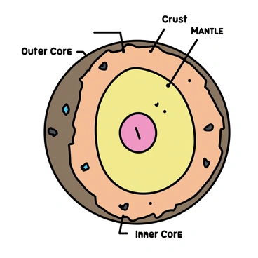 A visual representation of Earth's layers. The image shows a cutaway view of the Earth, displaying the outer crust in a textured brown. Beneath it, a vibrant orange mantle is visible, revealing its flowing movement. The outer core is depicted in a bright yellow, surrounded by a deep red inner core at the center. Each layer is labeled with their names in clear, bold font: "Crust," "Mantle," "Outer Core," and "Inner Core." Small, cartoonish representations of rocks and minerals can be found within the layers for added detail.
