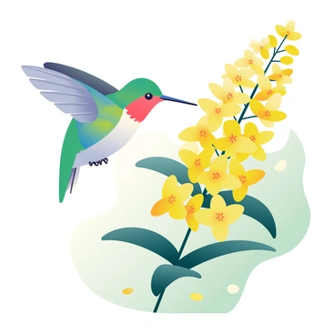 A hummingbird with iridescent green feathers is hovering near a cluster of bright yellow goldenrod blossoms. The bird is positioned in mid-air, with its wings beating rapidly. The goldenrod blossoms are densely packed, showcasing their small, star-shaped flowers and dark green leaves. A few delicate petals are scattered around the base of the flowers. The background is filled with soft, blurred greenery, emphasizing the vibrant colors of the hummingbird and the goldenrod. The scene captures the energy of the hummingbird as it feeds on the nectar from the blossoms.