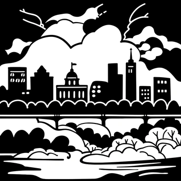 A looming stormy sky filled with swirling dark clouds over the skyline of Boston. The outlines of historic buildings, such as the Massachusetts State House and skyscrapers, can be seen against the turbulent backdrop. Lightning forks illuminate parts of the sky, creating sharp contrasts. The Charles River reflects the ominous scene, with waves lapping against the banks. There are trees swaying in the wind, emphasizing the intensity of the storm.