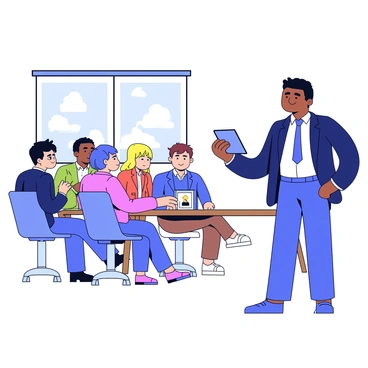 An entrepreneur stands confidently in front of a group of investors. The entrepreneur is wearing a tailored navy suit and holding a tablet displaying the product idea. The investors, a diverse group of men and women, are seated at a polished conference table, attentively listening. The room is well-lit, with a large window in the background letting in natural light. The atmosphere is focused and professional, emphasizing the importance of the presentation.
