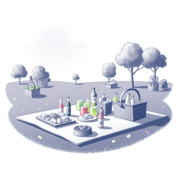 A grassy field is filled with a picnic scene. In the center, there is a large "tapis" spread out, displaying an array of food items, including sandwiches, fruits, and pastries. Surrounding the tapis are various drinks in bottles and containers. A few colorful picnic baskets are placed nearby, adding to the scene. In the background, there are trees providing shade, with some flowers scattered across the field. The overall atmosphere is lively, capturing the essence of a day spent outdoors.