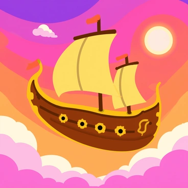 A large, ornate fantasy airship with billowing sails is soaring through a vivid sunset sky. The sky is filled with a gradient of warm oranges, pinks, and purples as the sun descends on the horizon. The airship features intricate designs on its wooden hull, with golden accents reflecting the sunlight. Tiny, whimsical details such as flags fluttering and portholes can be seen along the sides. Fluffy clouds are scattered in the sky, glowing in the soft light of the setting sun.