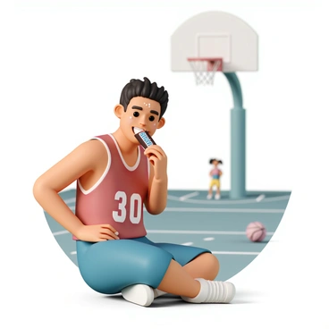 A basketball player enjoying a Snickers bar after a game on the court.