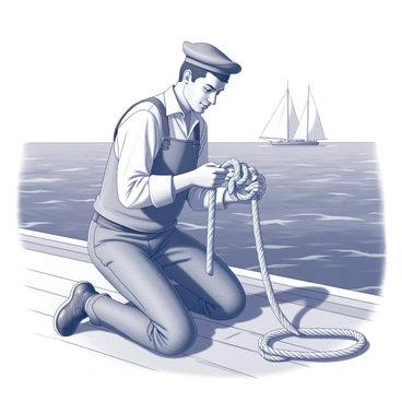 A sailor tying a bowline knot on a ship deck overlooking the ocean