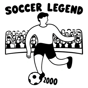 A black-and-white illustration of a young male soccer player with short hair, wearing a classic soccer uniform featuring a jersey and shorts. He is in an action pose, mid-kick, with a soccer ball flying towards the goal. The background includes stylized graphics of a stadium filled with cheering fans. The words "Soccer Legend" are displayed prominently above the figure, along with the year "2000" below him.