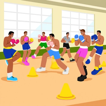 Boxers performing footwork drills marked by cones on the gym floor