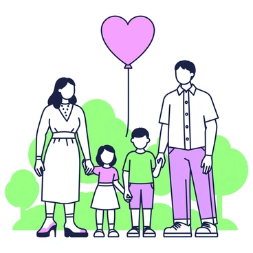 A family of four is standing together in a park, each holding onto a "heart-shaped balloon." The parents, a mother and a father, are positioned on either side, smiling. The mother has long hair and is wearing a light dress, while the father has short hair and is dressed in a casual shirt and pants. Between them, two children, a boy and a girl, are holding onto the balloon as well, with the girl wearing a colorful shirt and the boy in a t-shirt. In the background, there are trees and a grassy area, creating a lively park atmosphere.
