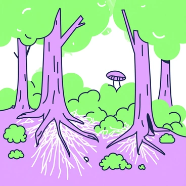 A woodland scene filled with tall trees, their trunks rising from the ground. Among the roots of these trees, a visible mycelium network spreads out, intertwining with the earth. The network appears as fine white threads, weaving in and out between clusters of green shrubs and small plants. Dappled sunlight filters through the leaves above, casting soft shadows on the forest floor. In the distance, a few mushrooms can be seen sprouting from the ground, adding to the natural setting.