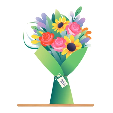 A bouquet of colorful flowers features bright red roses, cheerful yellow sunflowers, and delicate purple lilies, all arranged in a lush green wrap. Among the flowers, there is a small tag attached that reads "You're amazing!" The tag is white with elegant cursive lettering and is tied with a thin twine. The flowers are set against a simple wooden table, enhancing the vibrancy of the colors.