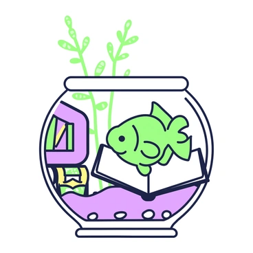 A goldfish with shimmering scales is floating inside a glass fishbowl. The fishbowl is filled with clear water and contains small pebbles at the bottom. There's a tiny, ornate bookshelf made of colorful coral on one side, filled with miniature books. The goldfish is positioned in front of an open tiny book, its fins gently moving as it appears to be focused on the text. A delicate plant reaches upwards in the background, and a small decorative treasure chest rests on the substrate near the fish.