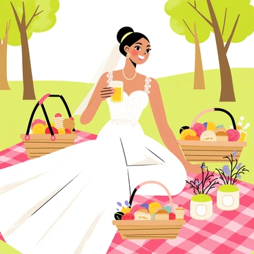 A bride wearing a stunning white wedding dress with lace details is sitting on a red and white checkered blanket. She is smiling joyfully while holding a glass of sparkling lemonade. Surrounding her are several picnic baskets filled with an assortment of colorful fruits, sandwiches, and pastries. Nearby, there are small decorative jars with wildflowers, adding a touch of nature to the scene. The setting is a sunny garden with green grass and tall trees in the background, creating a cheerful atmosphere for the wedding reception.