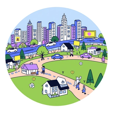 A bustling cityscape with tall buildings, busy streets filled with cars and people, and bright billboards displaying advertisements. As the scene transitions, the buildings gradually become shorter, and the streets less crowded. The vibrant city life gives way to a peaceful village scene with small cottages, green fields, and a clear blue sky. There are trees and flowers lining the dirt path leading into the village, with a few villagers engaged in quiet activities.