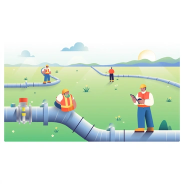 A vast field with pipelines being inspected by workers with safety gear