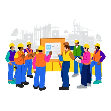 A group of contractors in hard hats gathered for a safety briefing