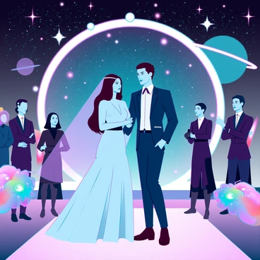 A couple in elegant wedding attire is standing at the center of a space-themed wedding ceremony. The groom is dressed in a sleek, futuristic suit with metallic accents, while the bride wears a flowing gown that shimmers like starlight. Surrounding them are guests in stylish space attire, all floating slightly due to zero gravity. The backdrop features a stunning array of stars, vibrant nebulae, and distant planets, creating a breathtaking celestial atmosphere. Ethereal decorations made of glowing light orbs and holographic flowers enhance the scene, adding to the otherworldly charm of the event. A radiant archway formed from intertwining comets frames the couple as they exchange vows.