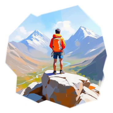 A climber with a backpack and climbing gear is standing triumphantly at the summit of a rocky mountain. The climber has short, dark hair and is wearing a bright red jacket, contrasting against the gray and brown tones of the rocks. The sun is shining down, illuminating the terrain. Below, a vast valley spreads out, featuring patches of green forests and winding rivers. In the distance, other majestic mountain peaks can be seen under a clear blue sky, creating a sense of height and adventure. The climber is gazing out over the stunning landscape, taking in the breathtaking view.