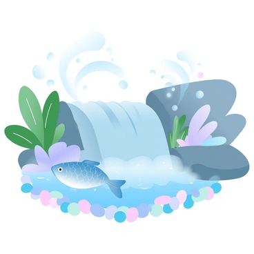 A fish with shimmering scales is swimming at the base of a gentle waterfall. The waterfall cascades smoothly over rocks, creating splashes of water that scatter light. Surrounding the scene are lush green plants and colorful pebbles lining the clear water. Bubbles rise to the surface, reflecting the gradient pastel colors of the environment. The overall composition captures the serene movement of water and the lively presence of the fish.