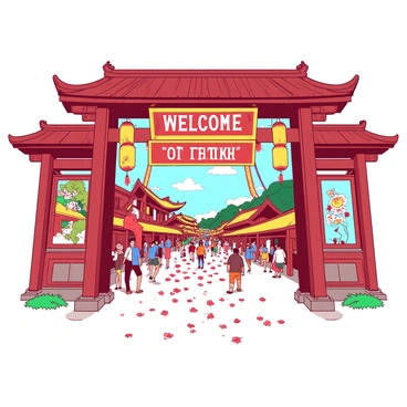 A large entrance gate to the festival stands prominently, constructed from wood with intricate carvings. The gate is adorned with colorful illustrations depicting festive scenes and cheerful characters. Bright "WELCOME TO THE FESTIVAL" signs are hanging from the top of the gate, surrounded by vibrant floral decorations. Streamers in various colors drape down from the gate, adding to the festive atmosphere. The ground in front of the gate is covered with a carpet of bright flower petals, leading into the bustling festival beyond.