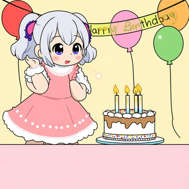 A chibi anime girl with large sparkling eyes and colorful, styled hair blowing out candles on a round birthday cake. She is wearing a cute, frilly pink dress adorned with lace and ribbons. The cake is decorated with white icing and colorful sprinkles, featuring three lit candles on top. A festive tablecloth covers the table, and there are colorful balloons and a "Happy Birthday" banner in the background. The girl's expression is filled with joy and excitement as she prepares to make a wish.