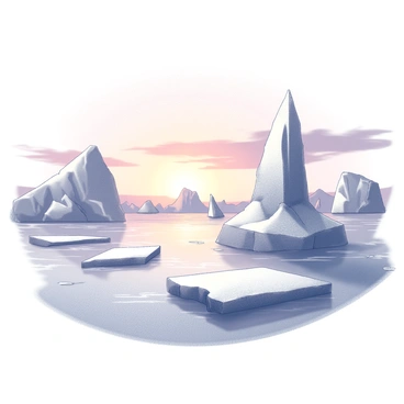 An expansive Arctic landscape with large, towering icebergs scattered across the scene. The icebergs have intricate textures and jagged edges, creating a stark contrast against the smooth icy surface below. In the background, the horizon displays a gradient of "orange" and "pink" shades as the sun sets, casting soft reflections on the ice. The sky is filled with wispy clouds that contribute to the ambiance of the setting. The entire scene is enveloped in a tranquil stillness, emphasizing the beauty of the natural landscape.