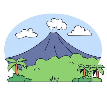 A panoramic view of a volcano with a prominent peak. The volcano is surrounded by lush green vegetation, showcasing the natural landscape of Bali. Wispy clouds are hovering around the top of the volcano, partially obscuring the summit. The sky above is clear with a few fluffy clouds scattered throughout, allowing sunlight to illuminate the scene. In the foreground, there are small tropical trees and bushes, adding depth to the composition.