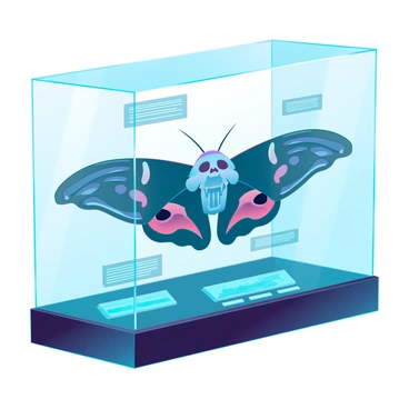 A sleek, modern collector's display case made of transparent glass and polished metal. Inside the case, there is a large, preserved "death's-head hawkmoth" with intricate, detailed patterns on its wings. The moth is positioned in a natural posture, showcasing its distinctive skull-shaped markings on the thorax. Surrounding the moth are small labels describing its scientific name and habitat. The background is softly illuminated, highlighting the vivid colors and textures of the moth's wings. The display case is positioned on a dark wooden shelf, adding contrast to the striking specimen inside.