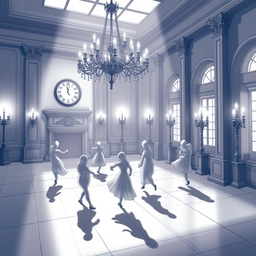 A grand ballroom filled with ornate details and high ceilings, illuminated by numerous flickering candles. Shadows cast by the flames dance along the elaborately decorated walls. In the center, several ghostly figures are gracefully moving, their translucent forms blending into the atmosphere. The figures have flowing garments that appear to swirl around them as they glide across the polished floor. A large, ornate chandelier hangs from the ceiling, its light adding to the ethereal ambiance of the scene. "Midnight" is subtly indicated by the presence of a large clock on the wall showing the hour.