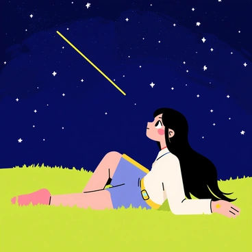 Nico Robin lies on a green patch of grass, her long dark hair spread around her. She gazes up at a vast night sky filled with twinkling stars and bright shooting stars streaking across the darkness. The grass around her is lush and vibrant, creating a soft bed for her. The starry sky is deep blue, contrasting beautifully with the bright white and yellow points of light. Robin's expression is calm and thoughtful as she admires the celestial display.