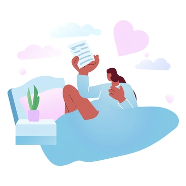 A person is sitting on a bed, surrounded by soft blankets in pastel colors. They are holding a piece of paper with medical information written on it. The room is softly lit, and there is a small plant on a bedside table, adding a touch of greenery. The individual's hands are resting on their knees, and their posture suggests deep contemplation. A large heart shape made of pastel colors is faintly visible in the background, symbolizing the emotions they are experiencing.