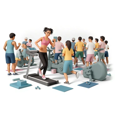 A spacious gym filled with a diverse group of people engaging in various forms of exercise. To the left, a man with dark hair and a blue tank top is lifting weights, his muscles defined and focused on his task. In the center, a woman in a bright red sports bra and black leggings is on a treadmill, her hair in a ponytail as she runs, sweat glistening on her forehead. To the right, a group of people is participating in a high-energy aerobics class, following the instructor, who is wearing a neon yellow shirt. The atmosphere is lively, with the hint of a thick, warm air swirling around the energetic crowd. Various exercise equipment, such as yoga mats, dumbbells, and exercise bikes, are scattered throughout the gym, enhancing the sense of a busy workout environment.