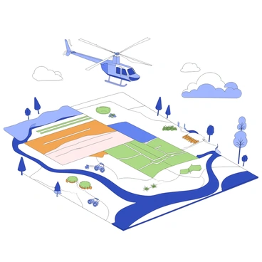 An R66 helicopter is hovering above expansive farmlands, equipped with aerial surveillance equipment. The helicopter has a sleek design with a tail rotor visible at the rear. Below, the farmlands stretch out in rows, showcasing a variety of crops and patches of green, brown, and gold. There are fields neatly divided, with some featuring tractors and farming equipment. The landscape includes a few trees scattered around the fields, and winding dirt roads intersect the agricultural land. The sky is clear with minimal cloud cover, emphasizing the scale of the farm below.